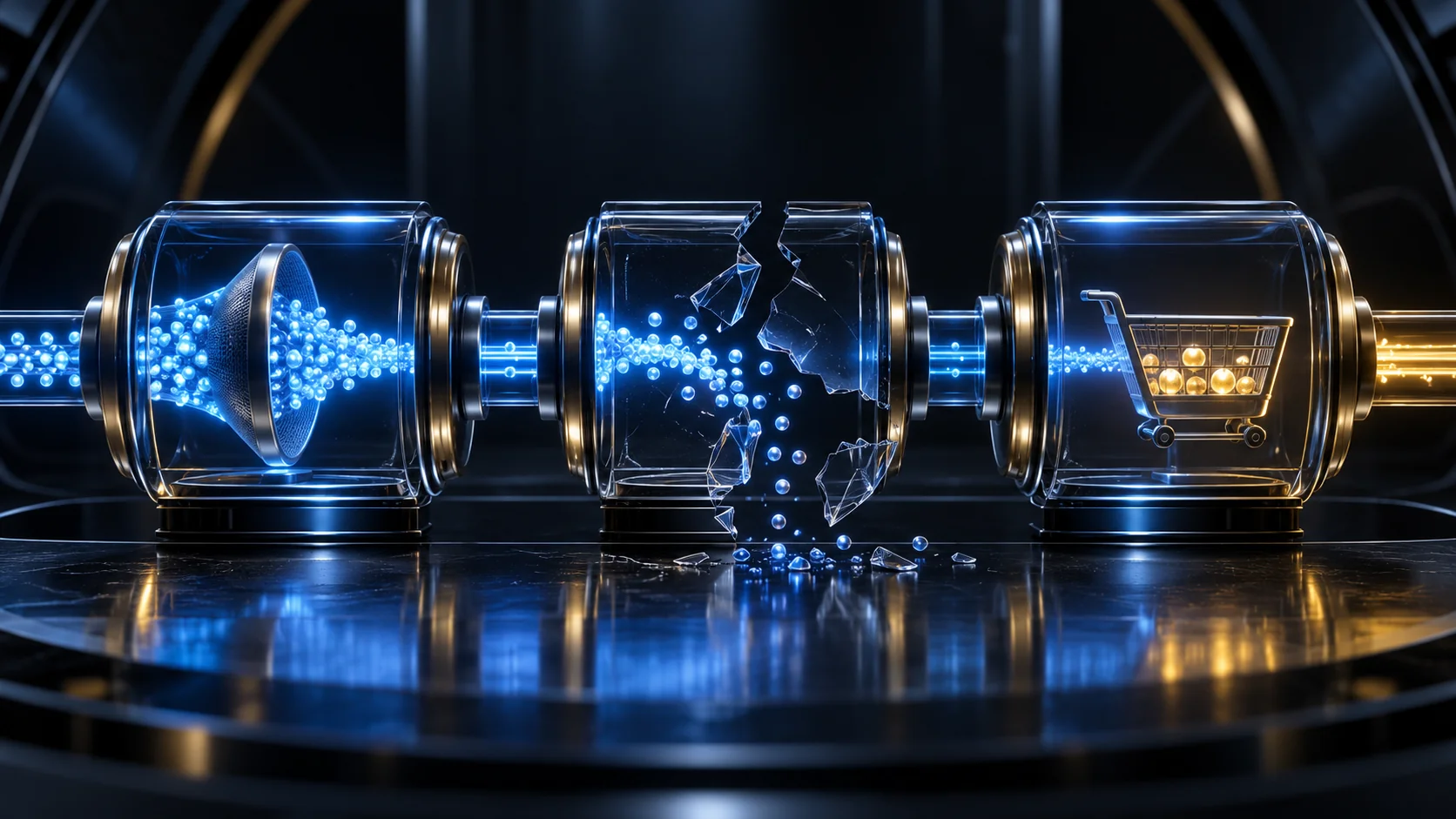 Impressions flowing through three chambers, the middle one shattered and leaking clicks