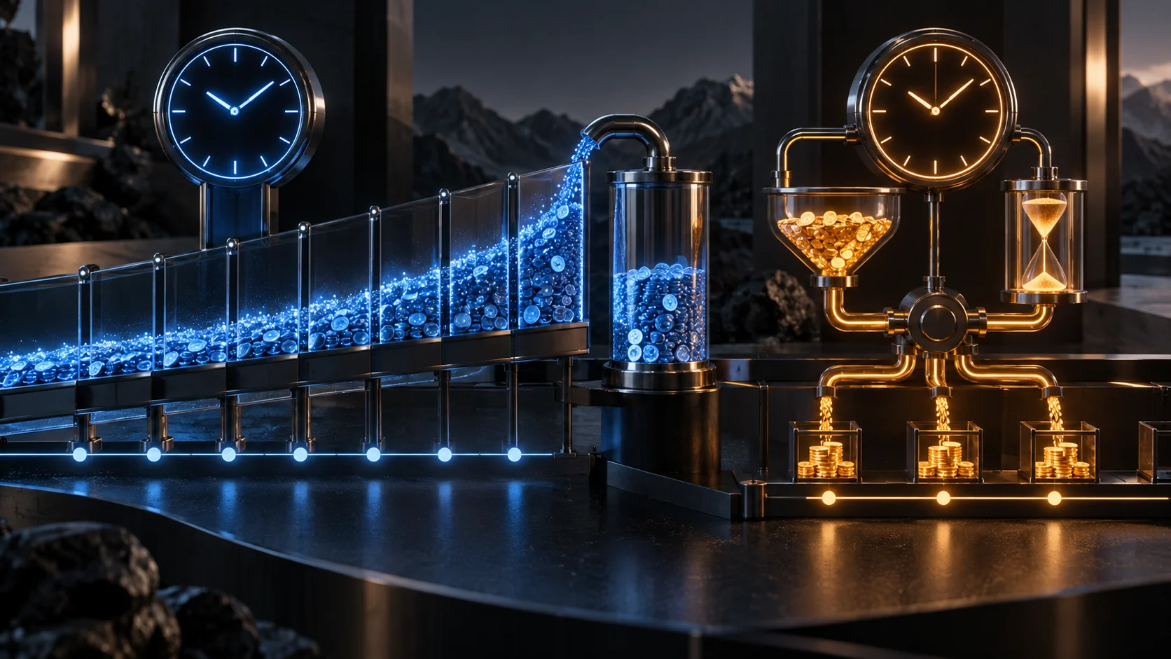 Clicks accumulating on one clock, settling into dated charges on another