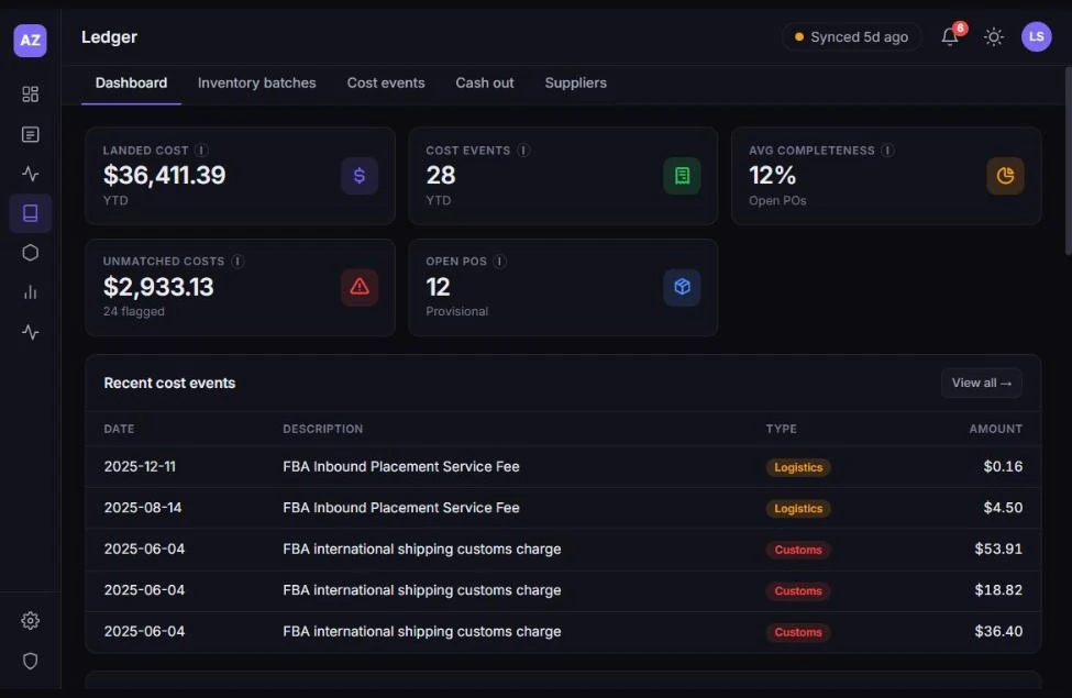 The Ledger module showing landed cost, cost events, open purchase orders and unmatched costs above a list of recent supplier and customs charges